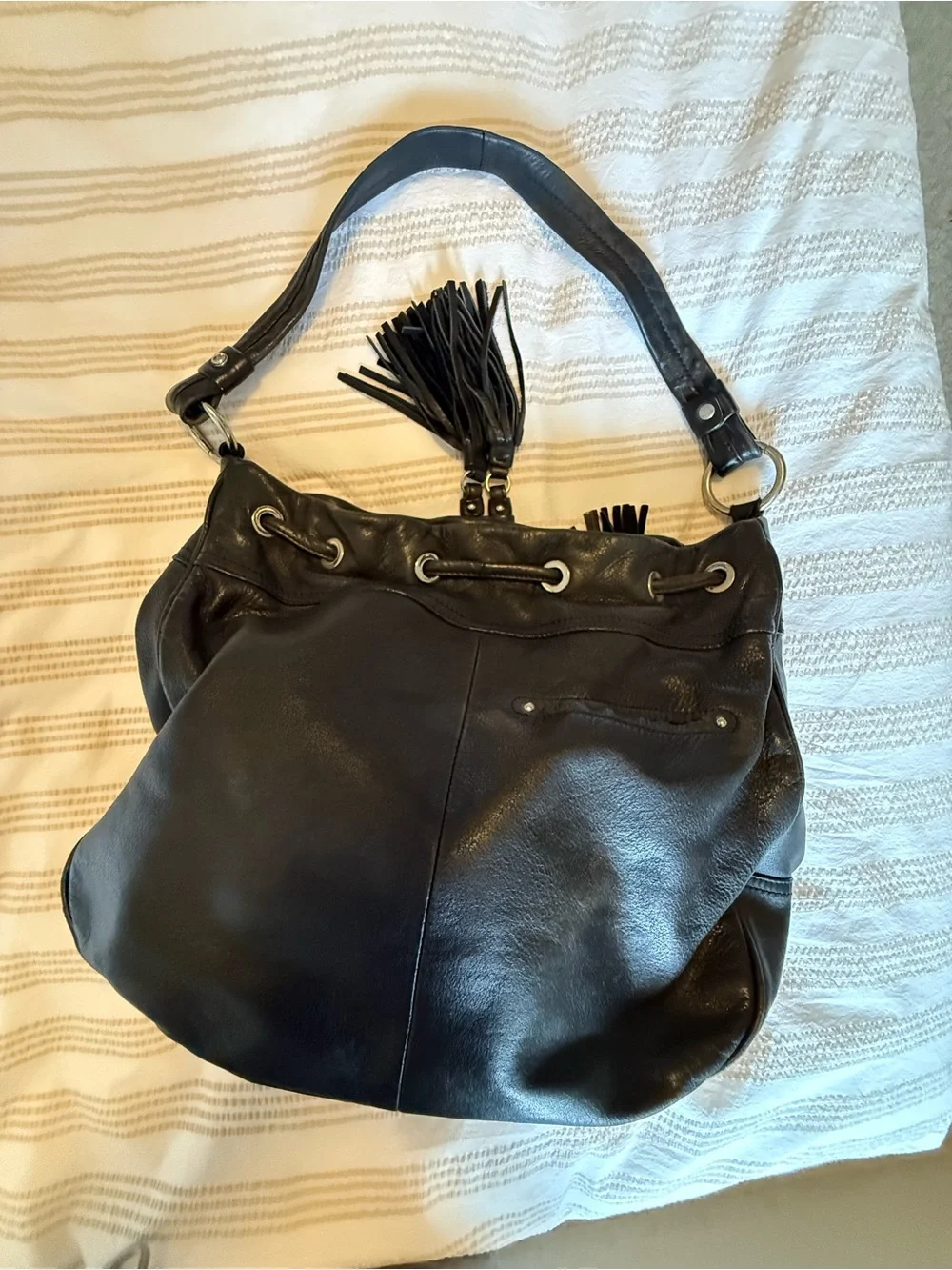 b. makowsky Black Leather Tassel Hobo Shoulder Bag